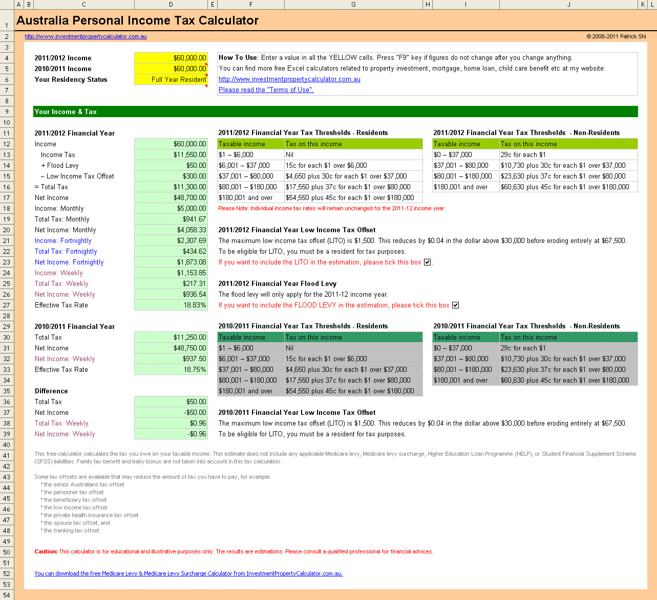 Personal Income Tax Spreadsheet For Free Australia Personal Income Tax Calculator In Excel