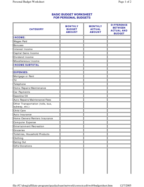 personal monthly budget template