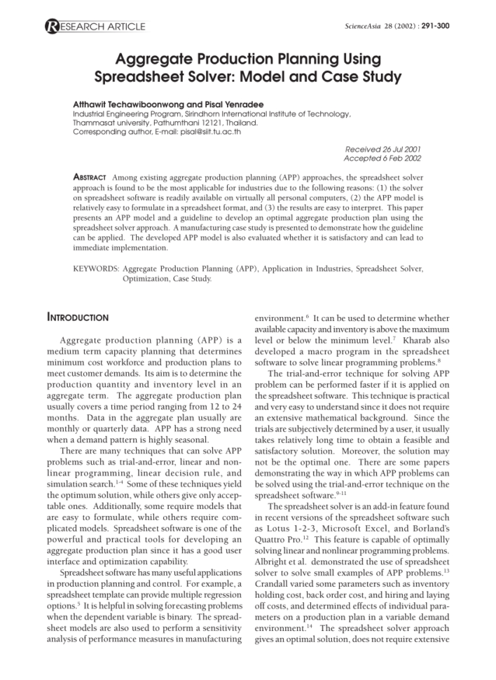 Plasma Cutting Cost Spreadsheet With Regard To Pdf Aggregate Production Planning Using Spreadsheet Solver: Model