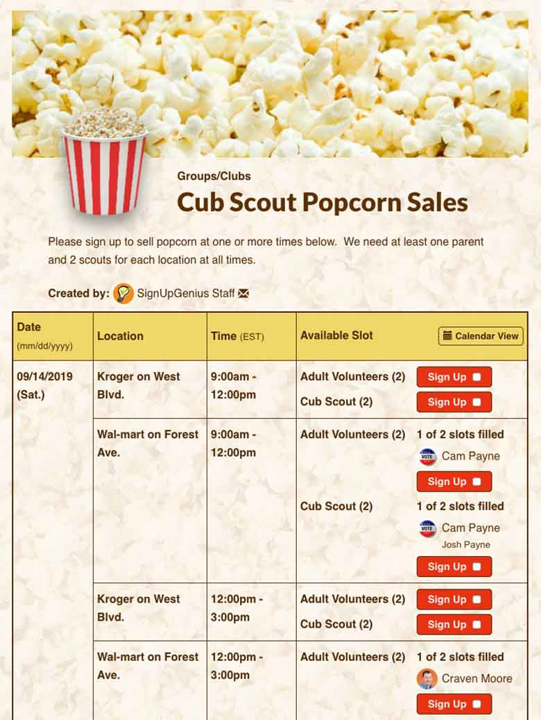 Popcorn Sales Tracking Spreadsheet For Create Sign Ups For Organizing Scouting Volunteers And Events!