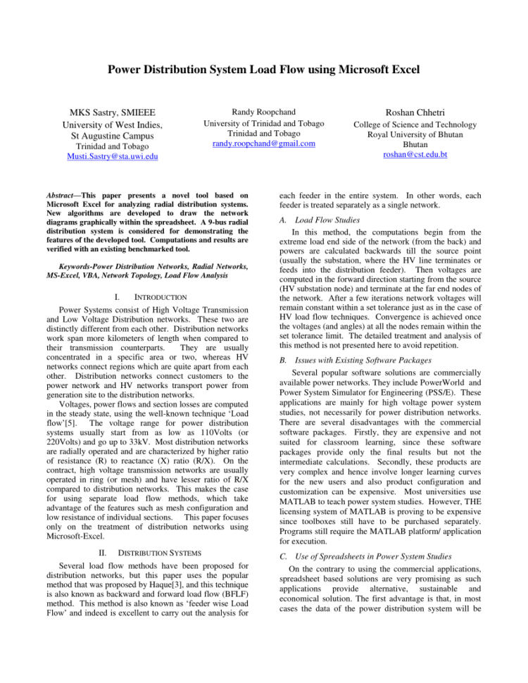 Power Analysis Excel Spreadsheet In Pdf Power Distribution System Load Flow Using Microsoft Excel