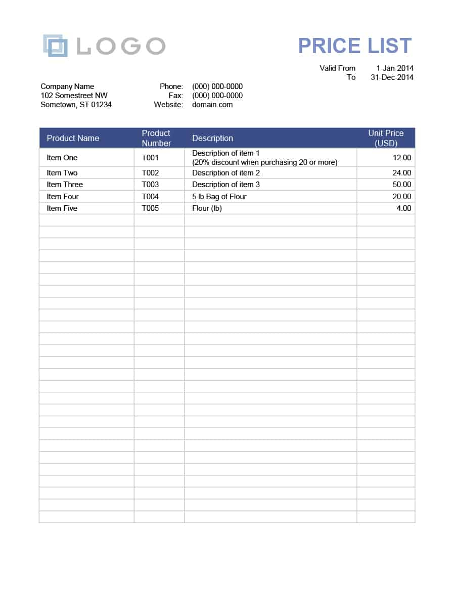 Pricing Spreadsheet Template intended for 40 Free Price List Templates