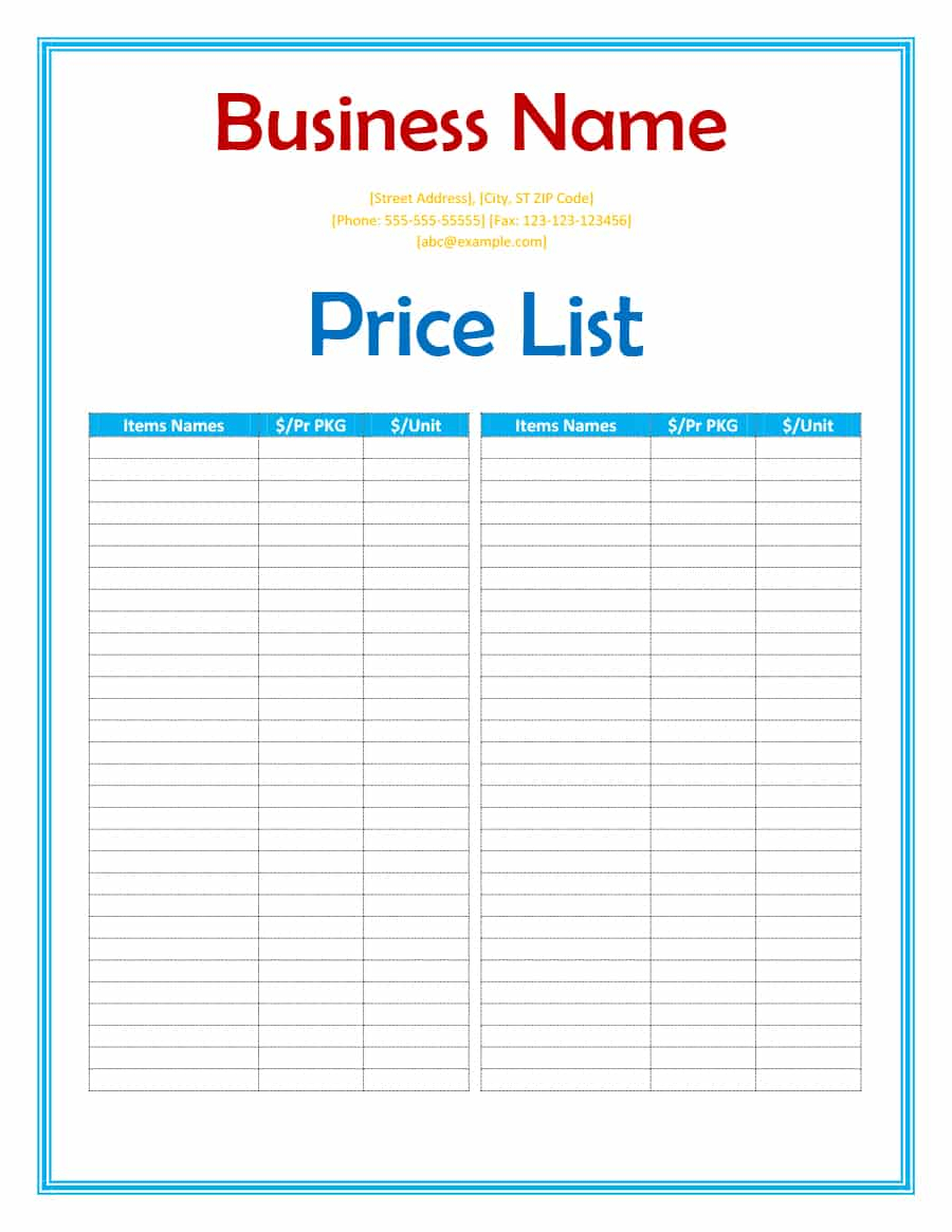 Pricing Spreadsheet Template Regarding 40 Free Price List Templates Price Sheet Templates  Template Lab