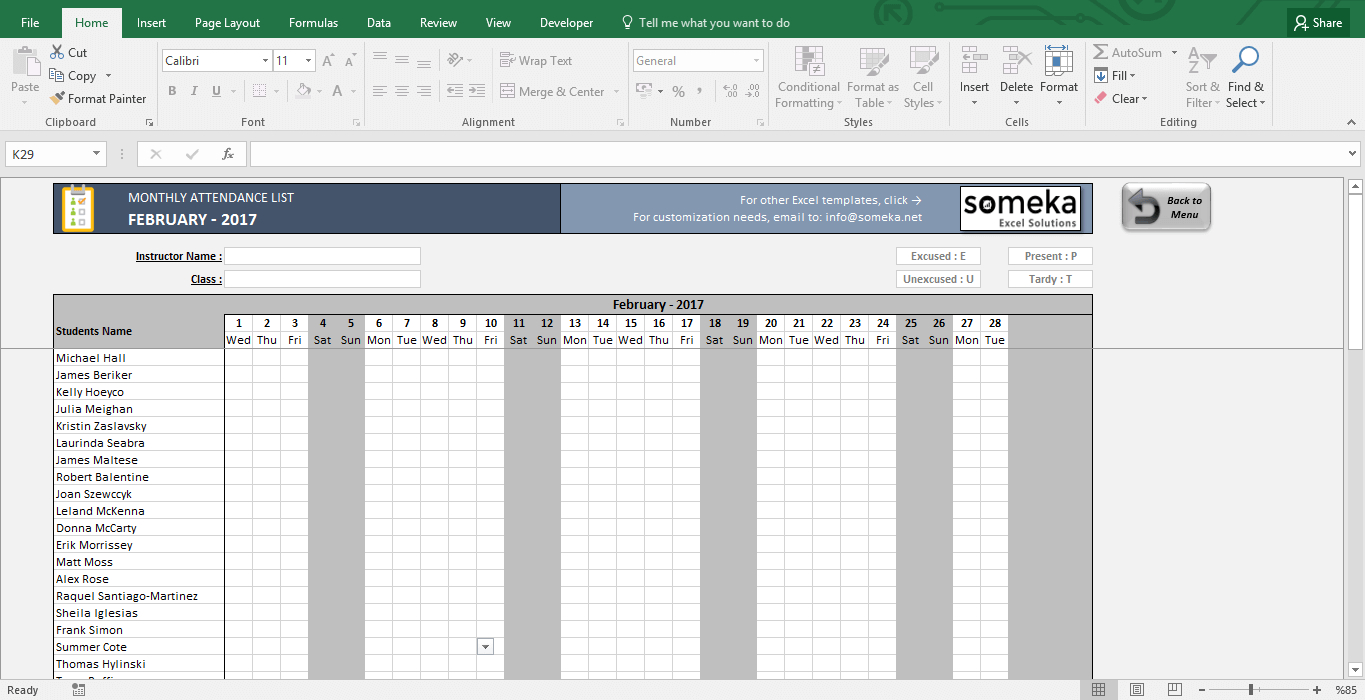 Printable Excel Spreadsheet With Regard To Attendance Sheet  Printable Excel Template  Free Download