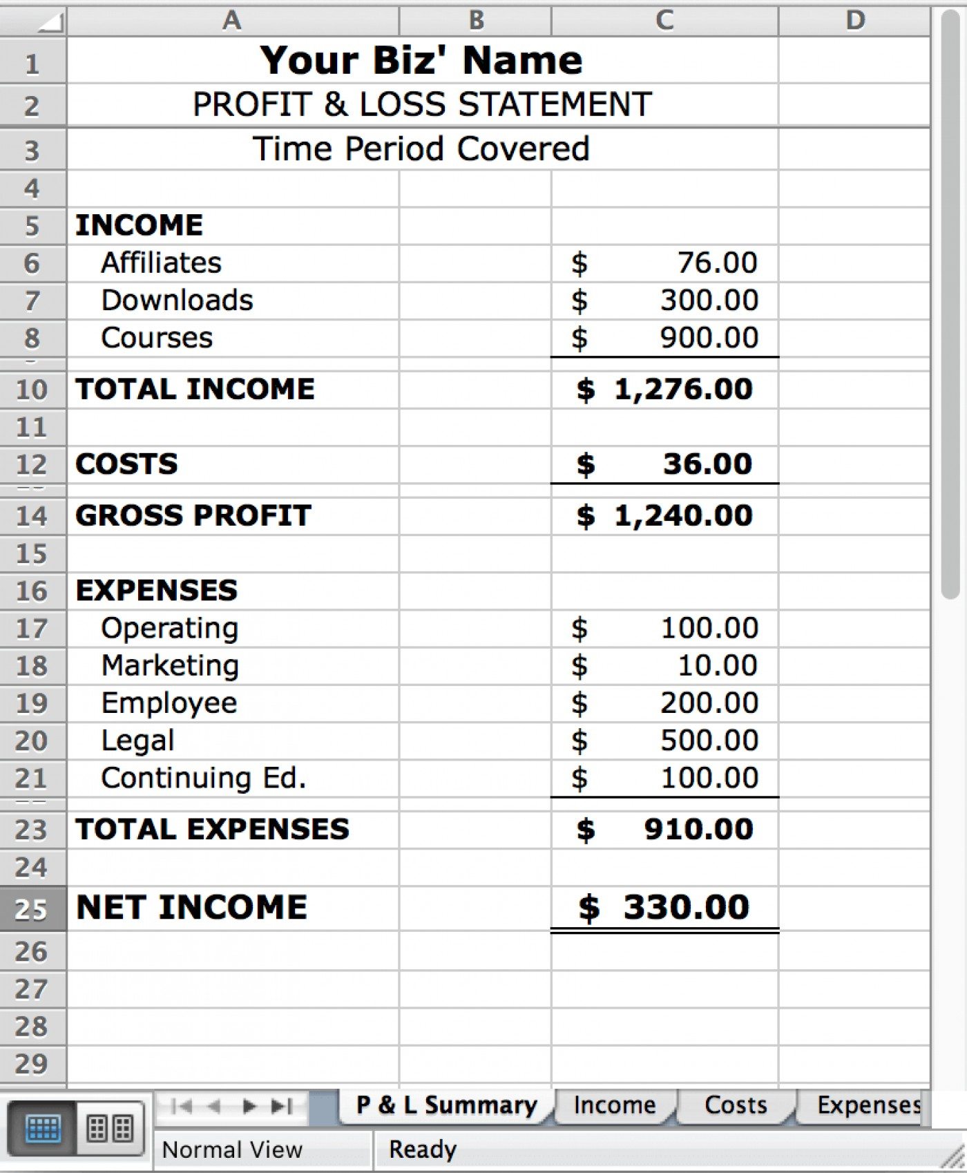 Profit And Loss Excel Spreadsheetspreadsheet Template Spreadsheet