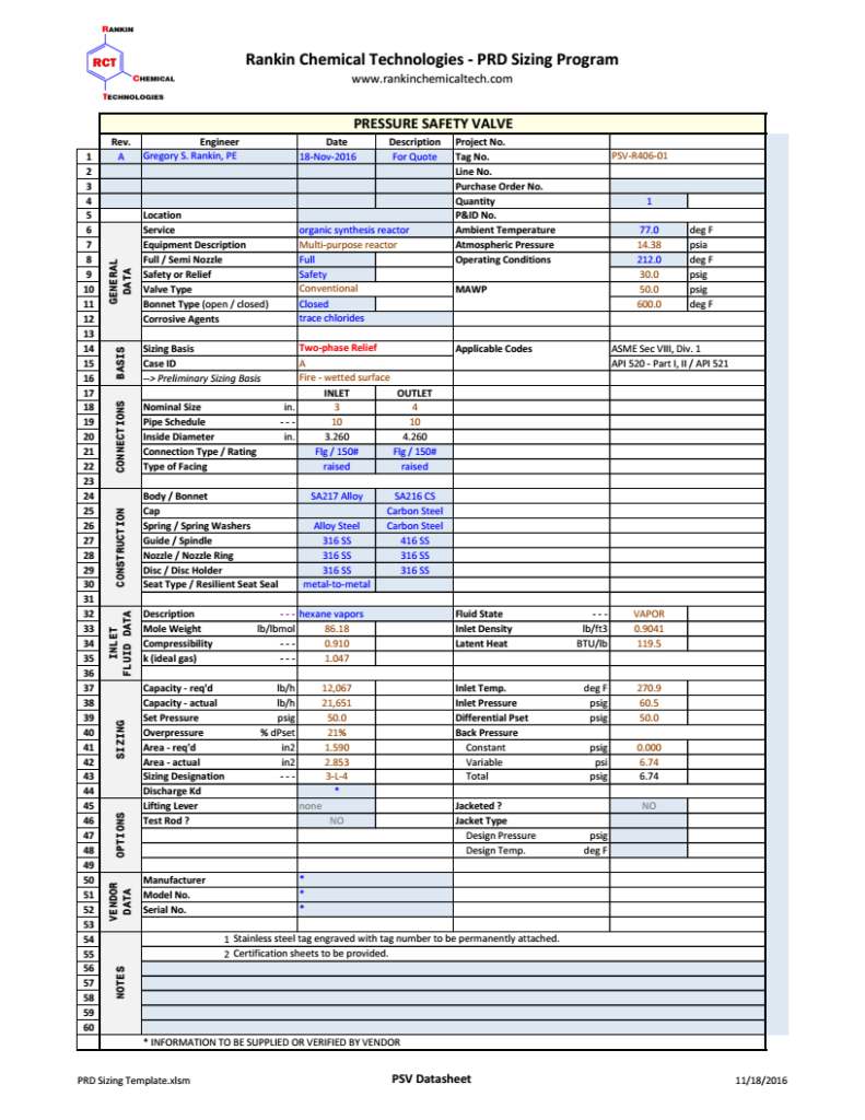 Psv Sizing Spreadsheet For Sizing Calculations  Rankin Ers Services