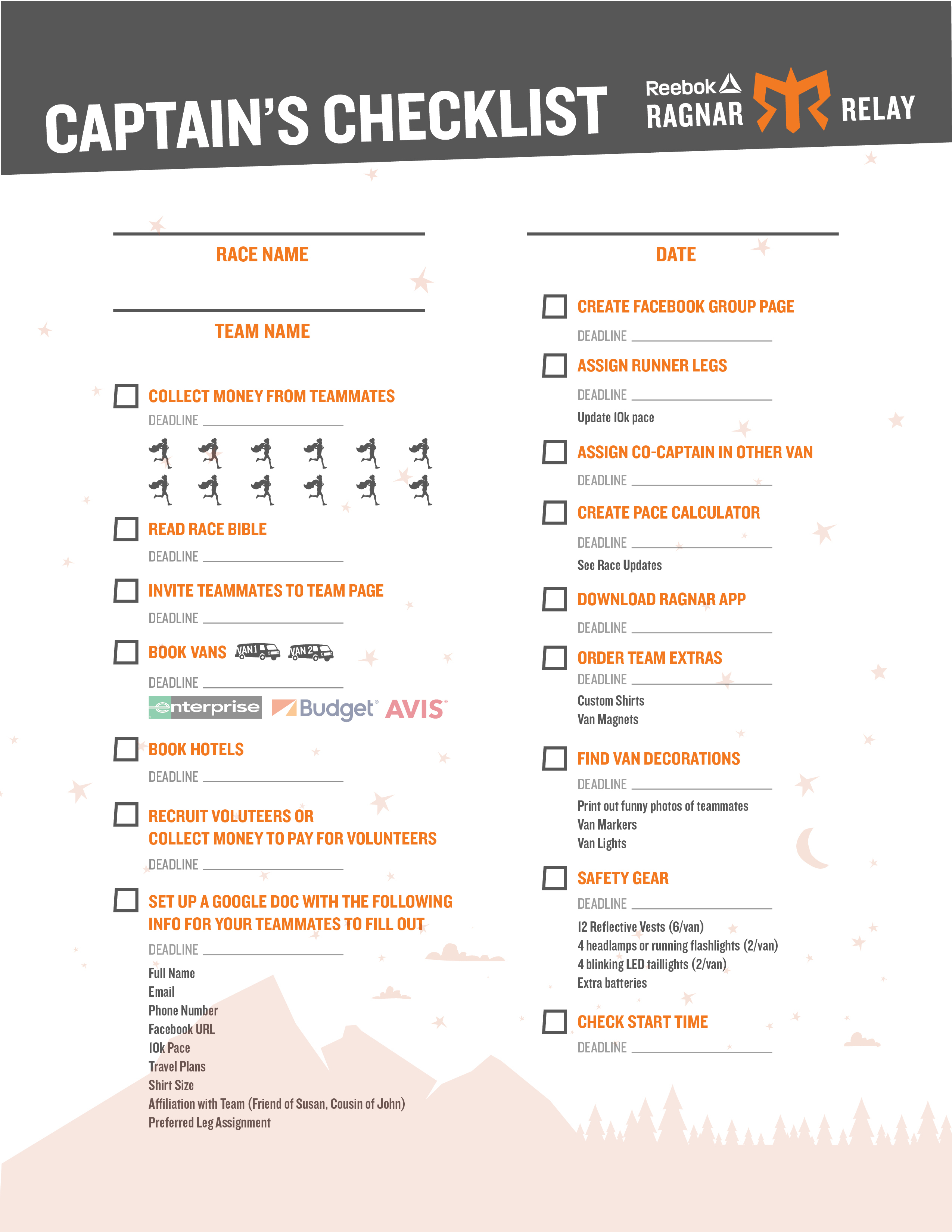 Race Night Spreadsheet Intended For Stay Organized With The Ragnar Relay Captain's Checklist  Blognar