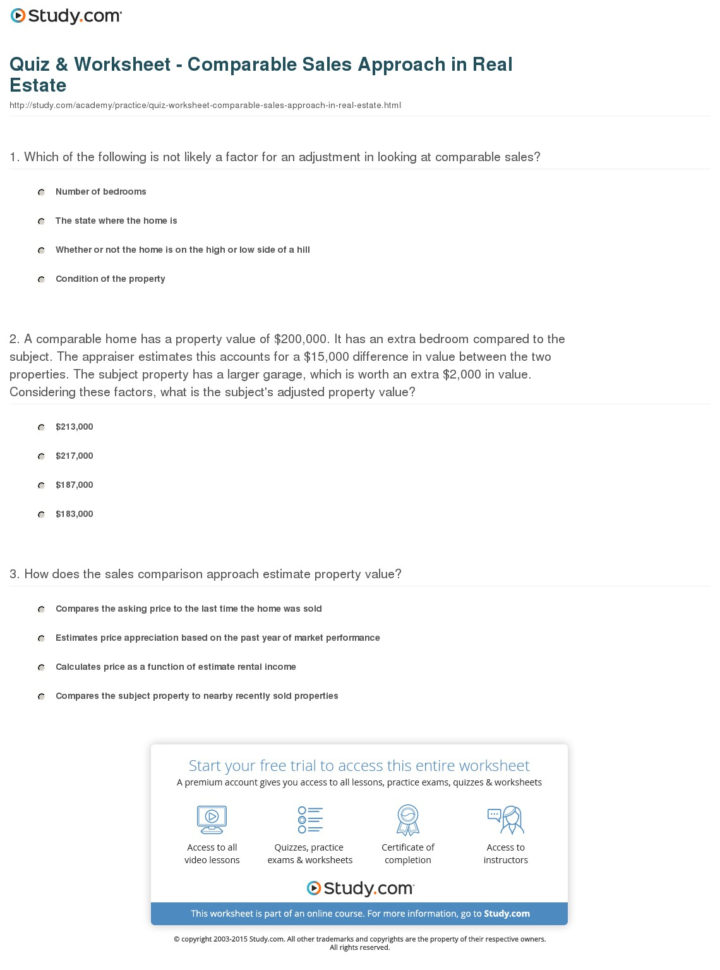 Real Estate Comparables Spreadsheet With Regard To Quiz  Worksheet  Comparable Sales Approach In Real Estate  Study