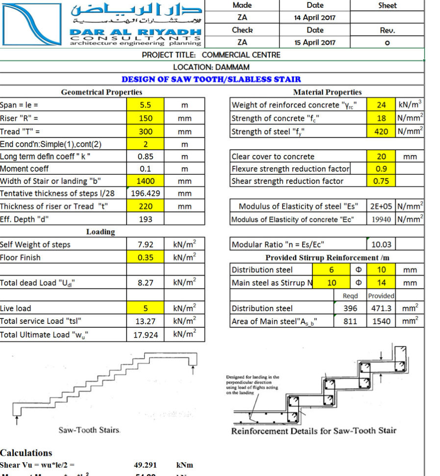 Reinforced Concrete Slab Design Spreadsheet Pertaining To Slabless Staircase Design Spreadsheet Sawtooth Staircase  Civil