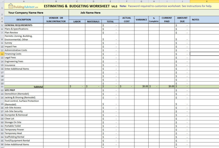 Remodeling Budget Spreadsheet Excel with With Residential Construction ...