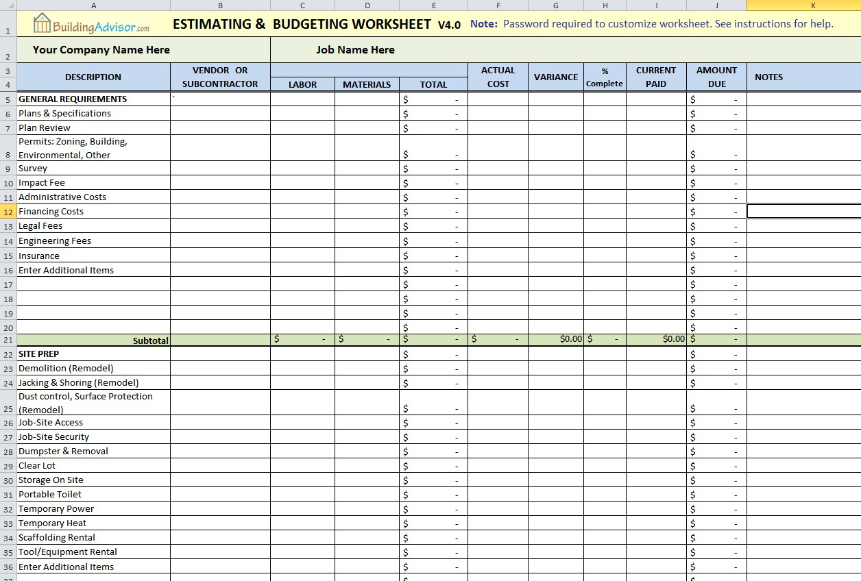 Remodeling Budget Spreadsheet Excel with With Residential Construction
