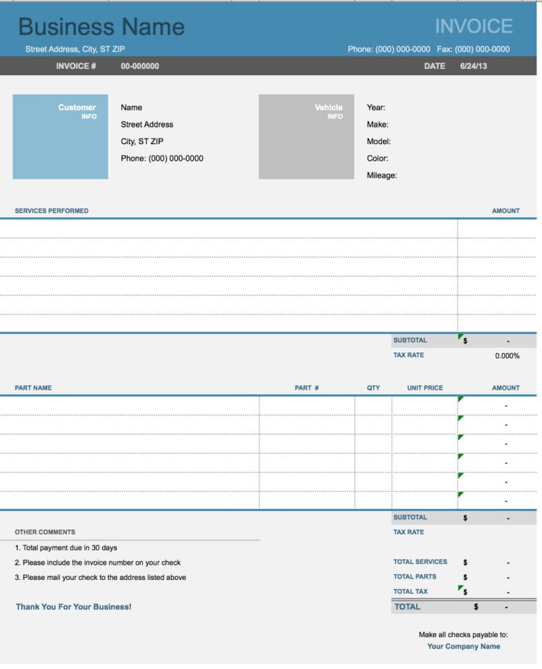 Repair Excel Spreadsheet For Auto Repair Invoice Template Free Home Bill Car Pdf Excel