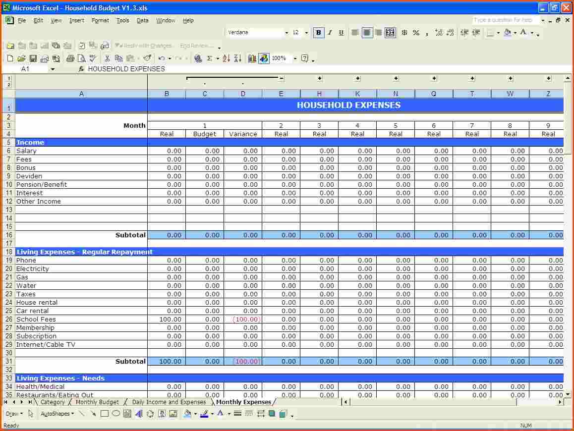 Restaurant Budget Spreadsheet Free Download Throughout Spreadsheet Yearly Monthly Personal Budget Household Example Of