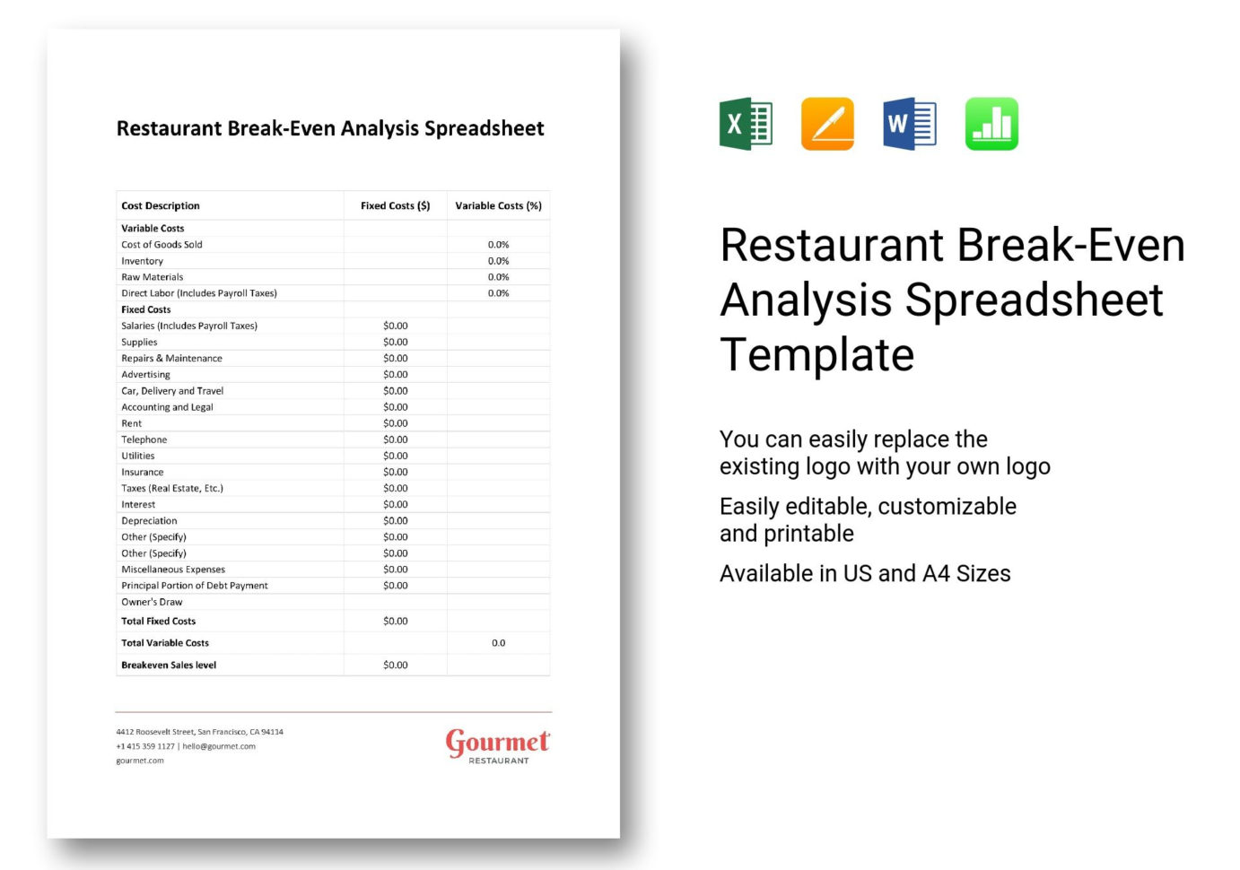 Restaurant Cost Analysis Spreadsheet Intended For Restaurant Breakeven Analysis Spreadsheet Template In Word, Excel