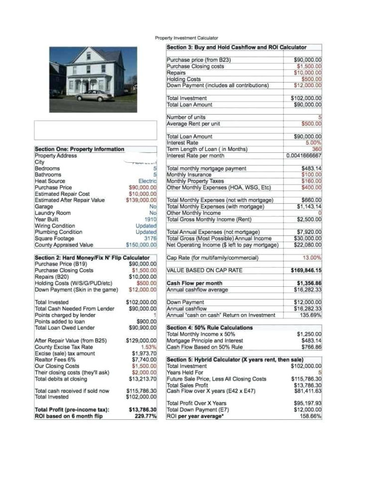Roi Spreadsheet Template Real Estate In Spreadsheet Real Estate Investment Template Example Of Property