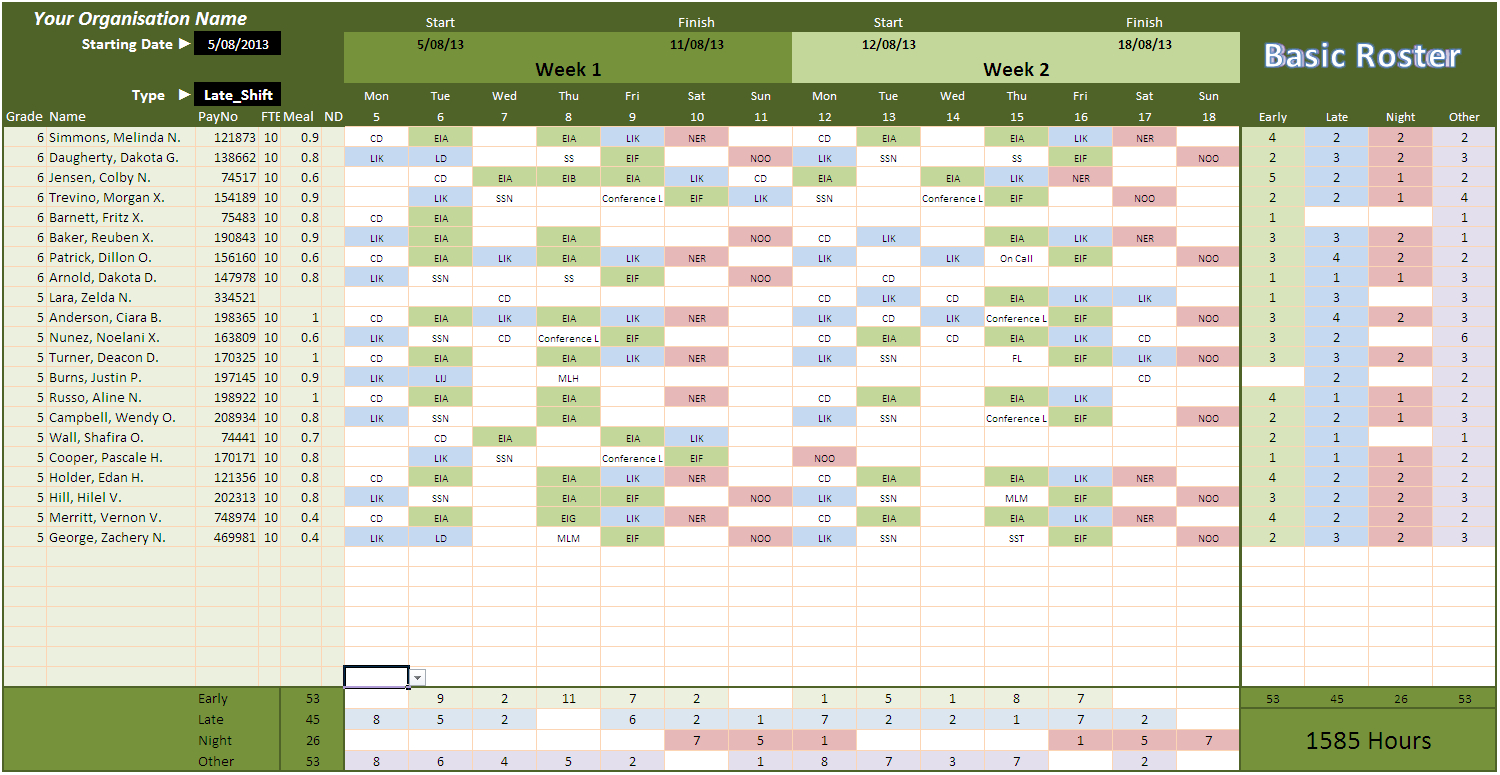 Employee Roster In Excel