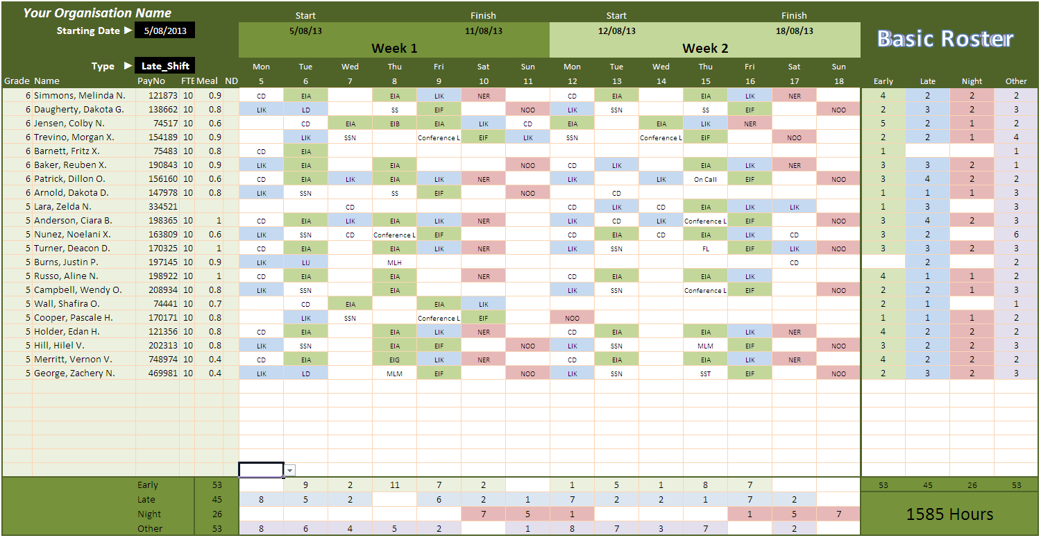 Roster Spreadsheet throughout Roster Template Excel Spreadsheet Collections  Parttime Jobs