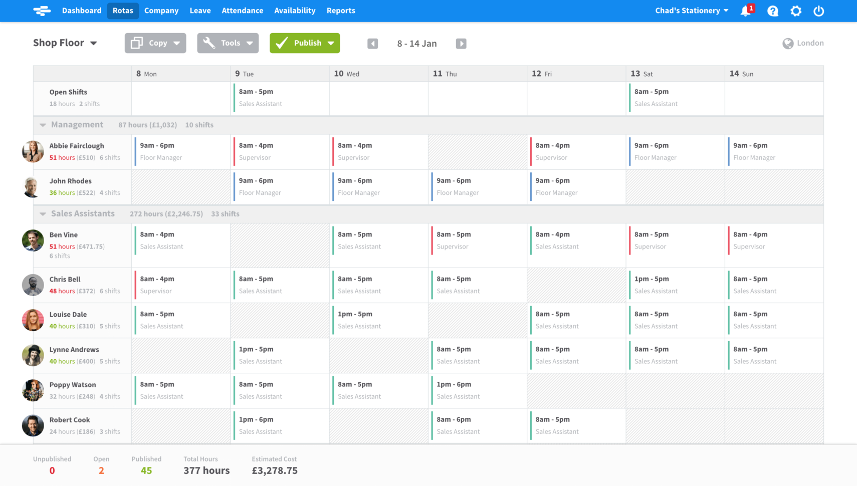 Rota Spreadsheet For Online Rota Software  Staff Management  Rotacloud