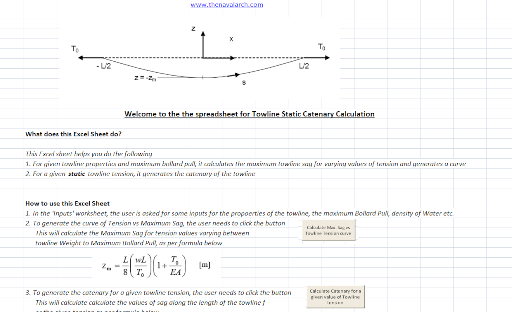 Sag And Tension Calculation Spreadsheet Inside Towline Static Catenary Calculator  Thenavalarch