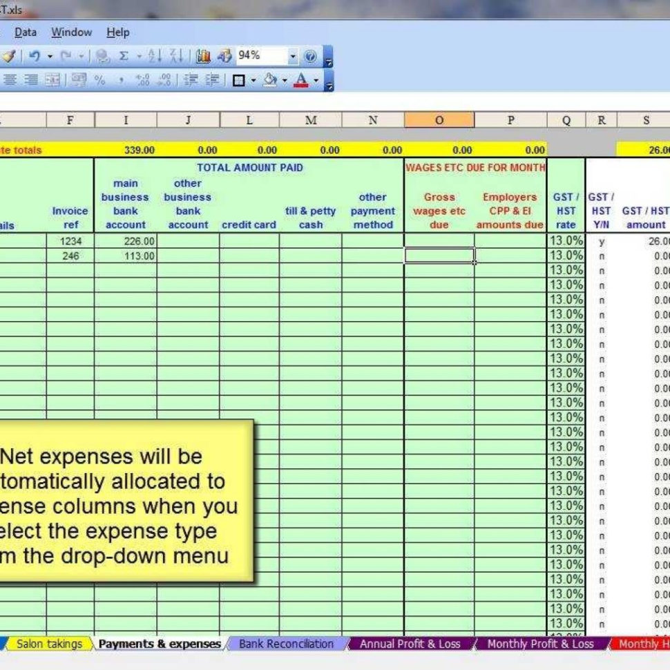 Salon Spreadsheet Template Within Canadian Salon  Gst,hst Accounting Spreadsheet  Youtube With