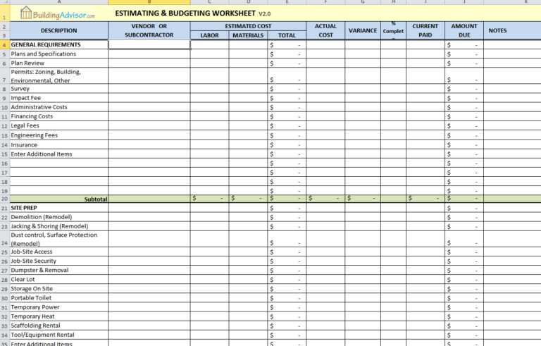 Sample Construction Estimate Spreadsheet regarding Construction ...