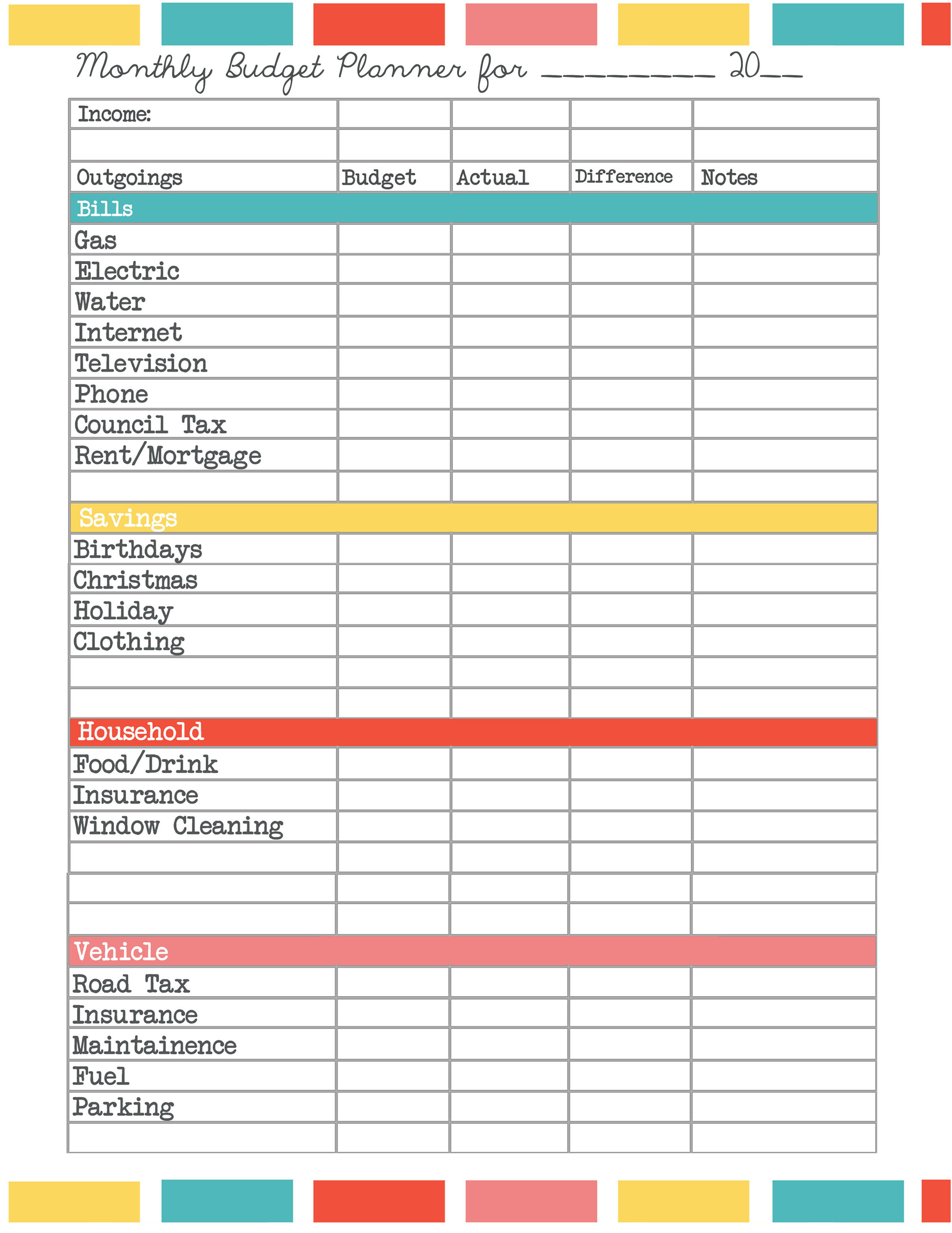 free simple monthly household budget template