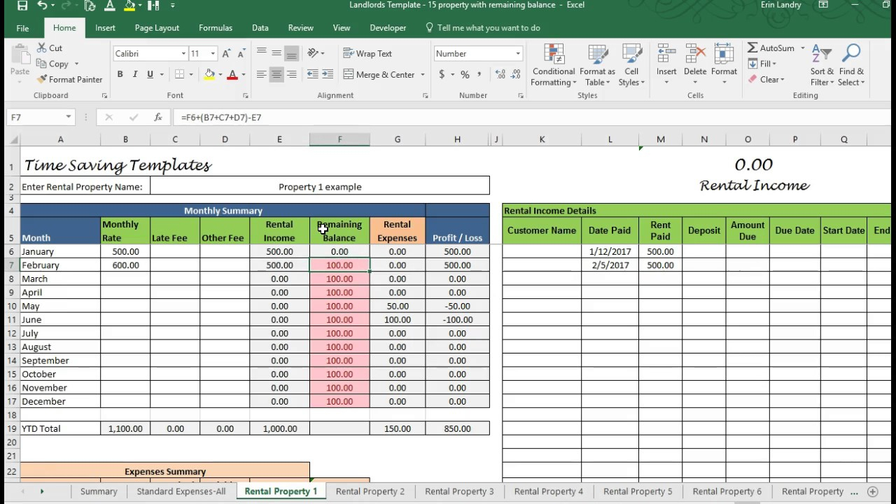 Rental Spreadsheet Examples