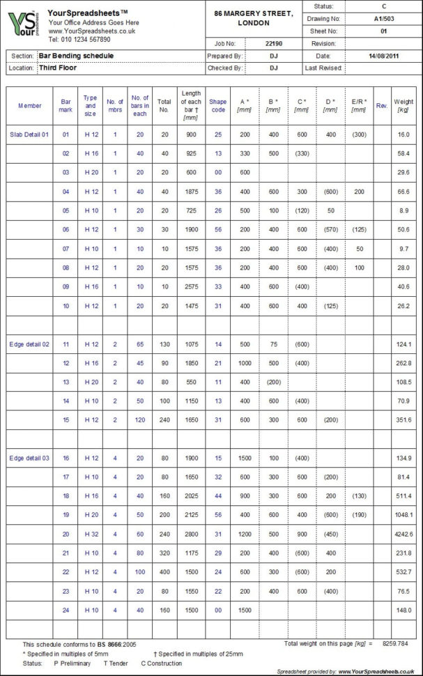 Schedule Spreadsheet With Bar Bending Schedule Spreadsheet To Bs 8666