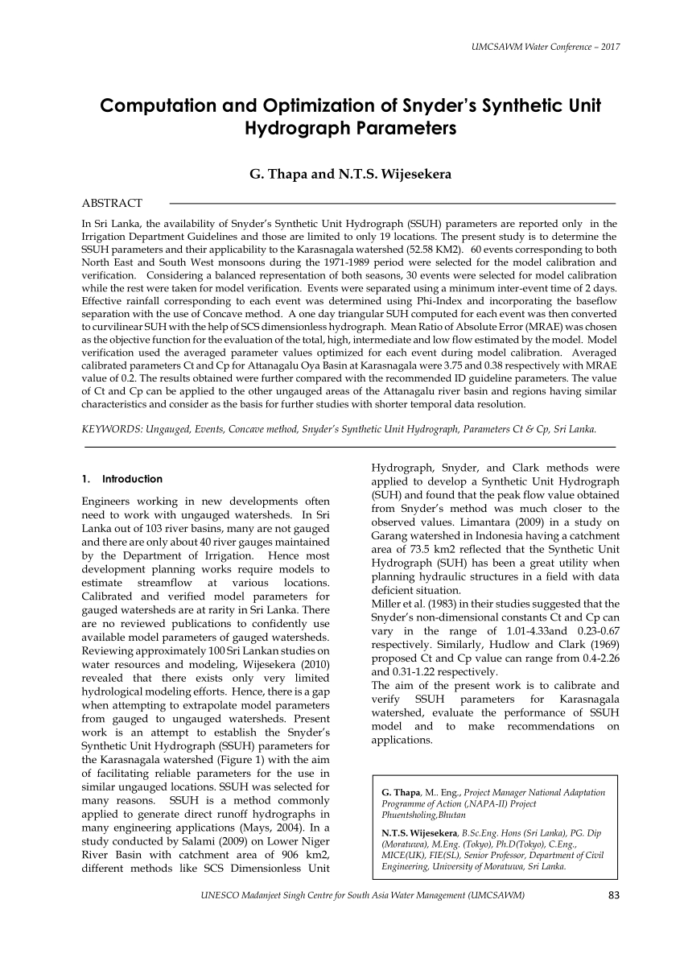 Scs Unit Hydrograph Spreadsheet Within Pdf Computation And Optimization Of Snyder's Synthetic Unit