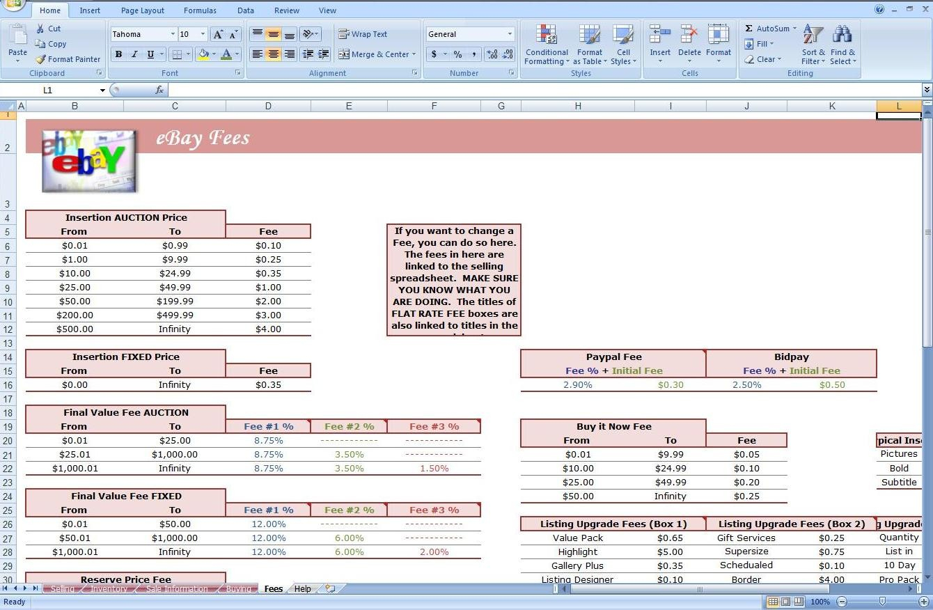 Selling Excel Spreadsheets in Ebay Inventory Excel Template