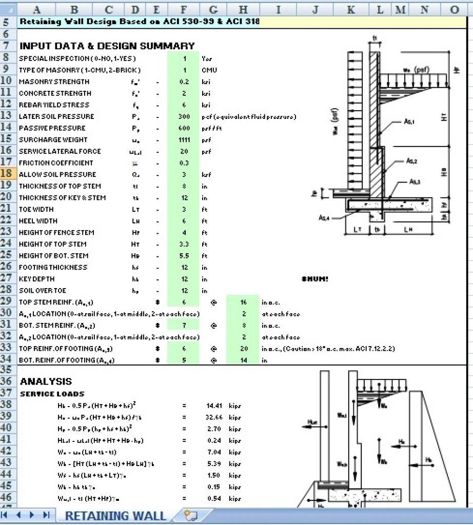 Sheet Pile Wall Design Spreadsheet In Civil Engineering Retaining Wall Designpreadsheet Example Of