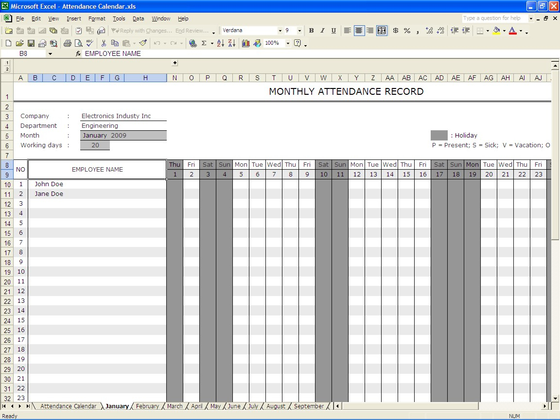 Sickness Absence Recording Spreadsheet Inside Attendance Calendar  Excel Templates