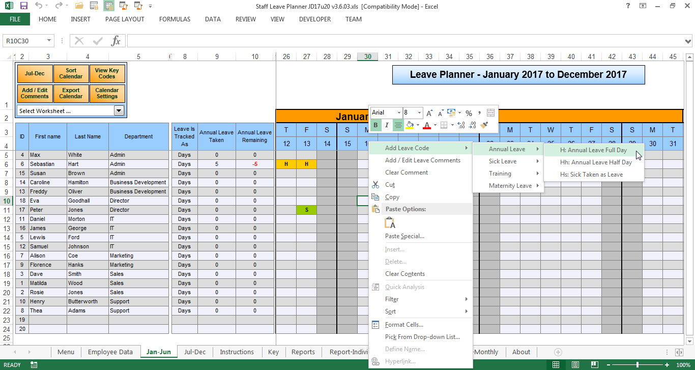 Simple Annual Leave Spreadsheet For The Staff Leave Calendar. A Simple Excel Planner To Manage Staff
