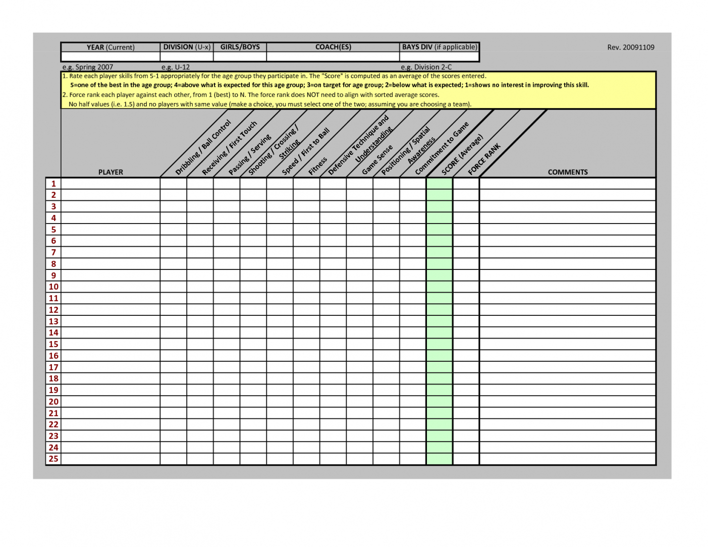 Soccer Tryout Evaluation Spreadsheet Db excel