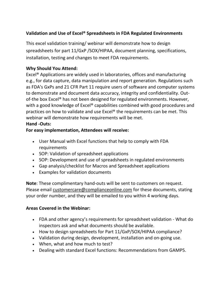 Sop Spreadsheet Regarding Validation And Use Of Excel® Spreadsheets In Fda Regulated