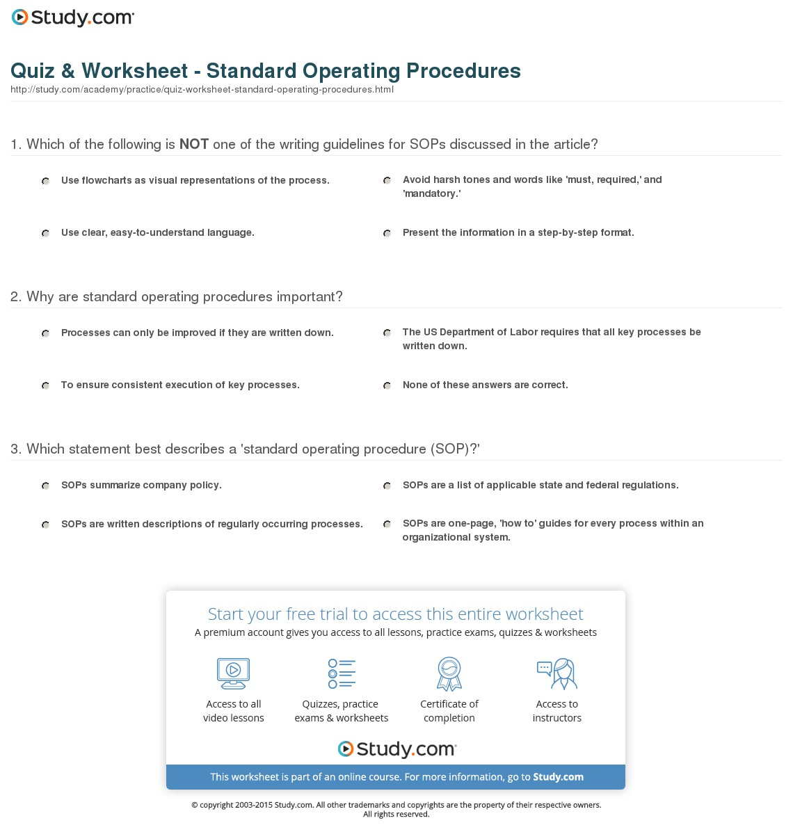 Sop Spreadsheet With Regard To Quiz  Worksheet  Standard Operating Procedures  Study