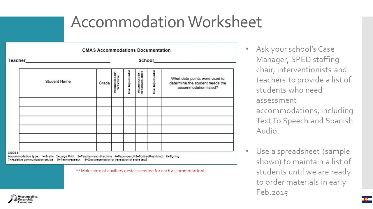 Special Education Accommodations Spreadsheet Throughout Cmas Parcc Accommodations  Ppt Download