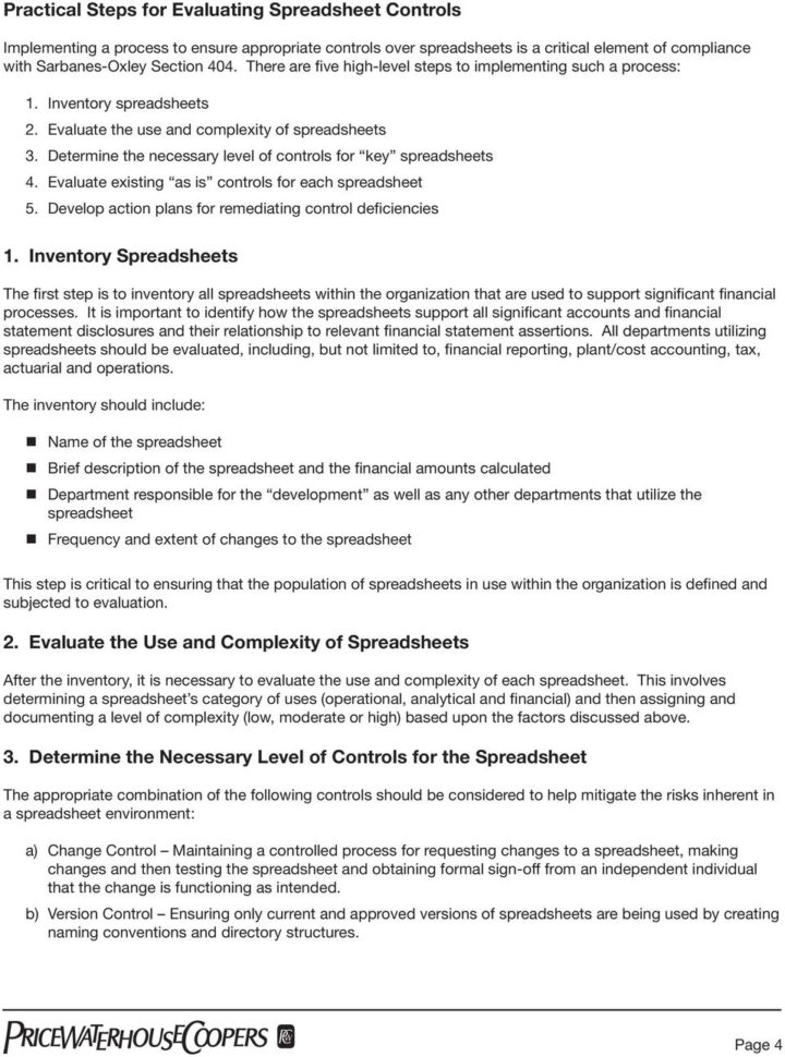 Spreadsheet Controls Best Practices Pwc For The Use Of Spreadsheets: Considerations For Section 404 Of The