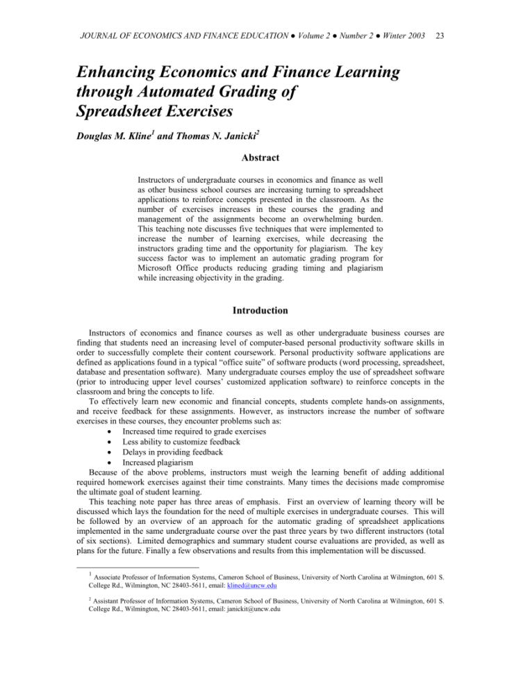 Spreadsheet Exercises For Students In Pdf Enhancing Economics And Finance Learning Through Automated
