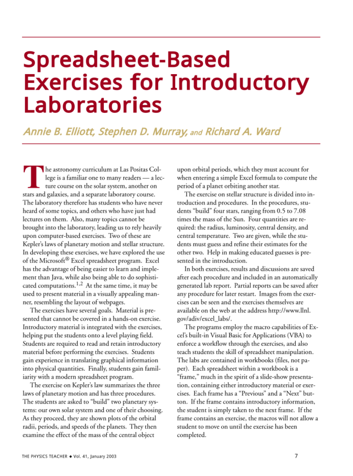 Spreadsheet Exercises For Students In Pdf Spreadsheetbased Exercises For Introductory Laboratories