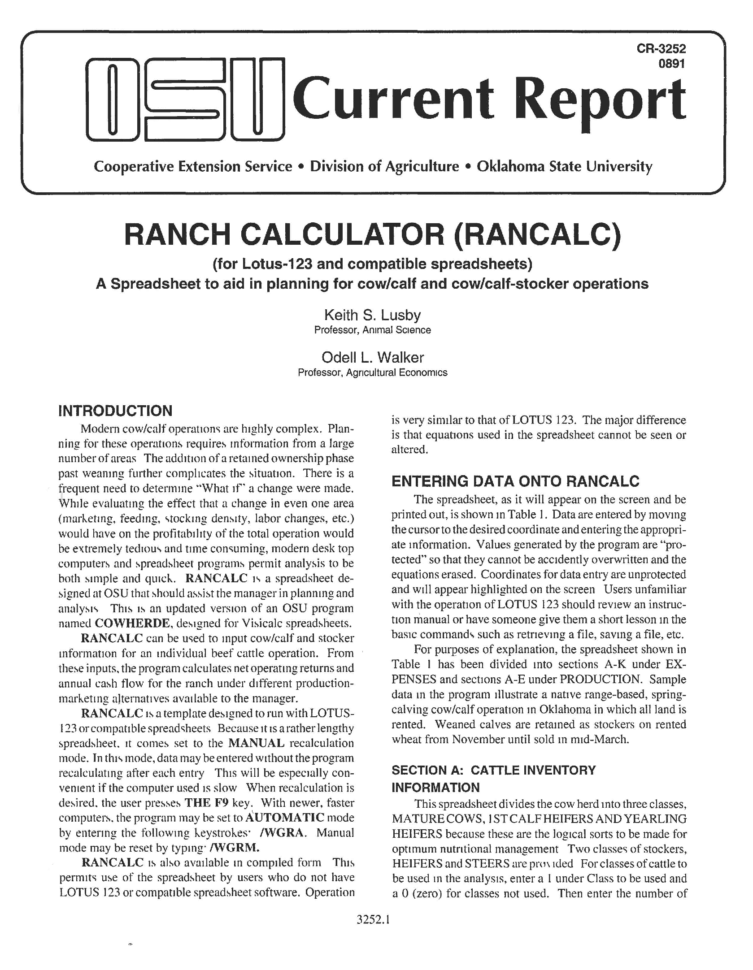 Spreadsheet For Cow Calf Operation With Regard To Ranch Calculator Rancalc For Lotus123 And Compatible
