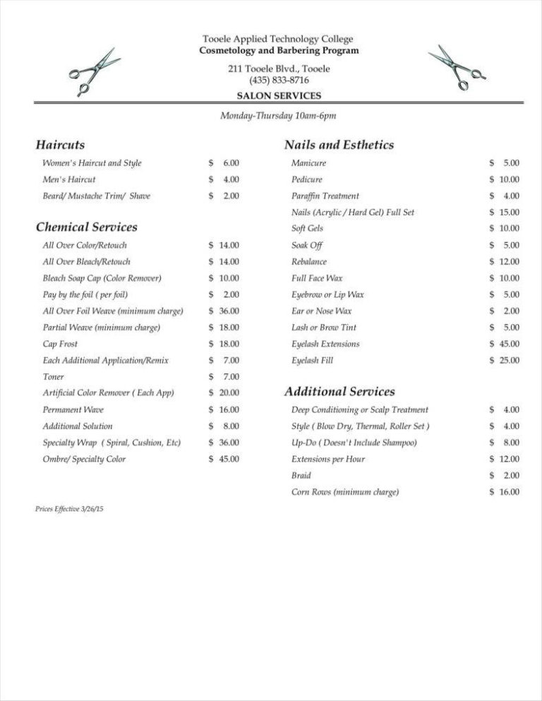 Spreadsheet For Hairdressers regarding 9+ Salon Price List Templates