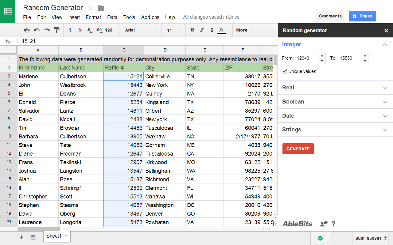 Spreadsheet Generator For Generate Random Values In Google Sheets