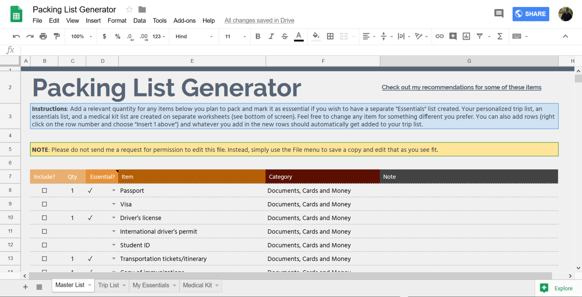 Spreadsheet Generator Pertaining To Packinglistgeneratorgooglesheetsmasterlist  Lengthy Travel