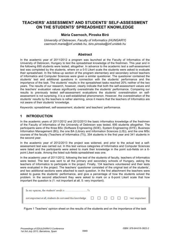 Spreadsheet Knowledge With Regard To Pdf Teachers' Assessment And Students' Selfassessment On The