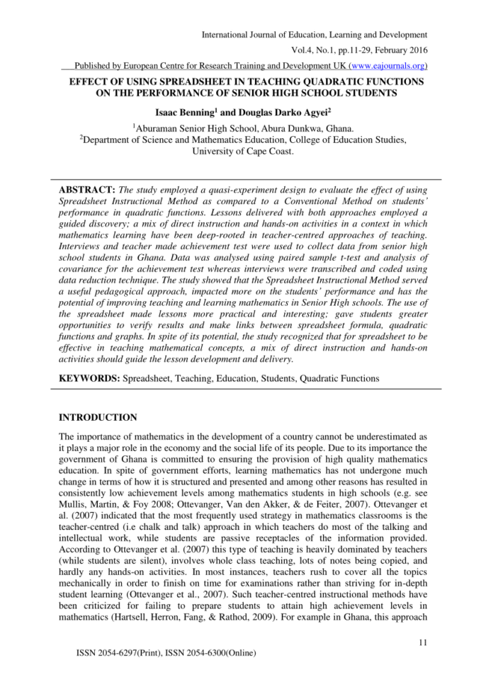 Spreadsheet Lessons For High School Inside Pdf Effect Of Using Spreadsheet In Teaching Quadratic Functions On