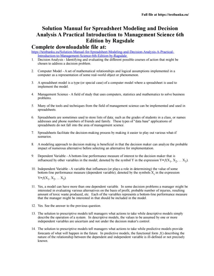 Spreadsheet Modeling And Decision Analysis Answer Key In Solution Manual For Spreadsheet Modeling And Decision Analysis A Spreadsheet Modeling And Decision Analysis Answer Key In Solution Manual For Spreadsheet Modeling And Decision Analysis A