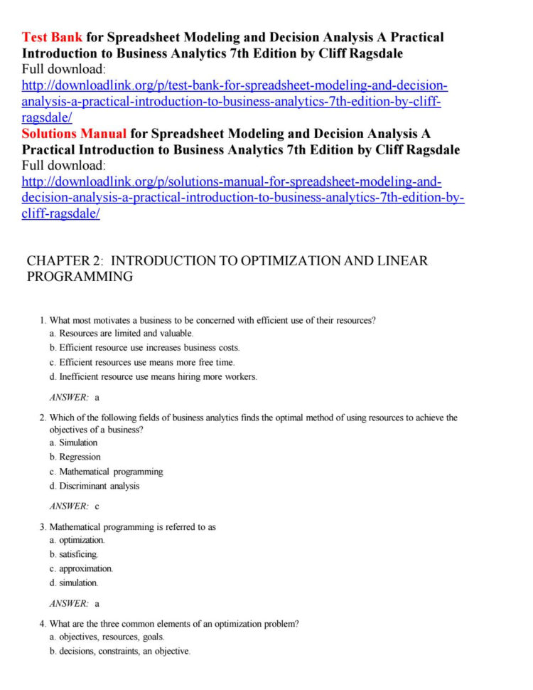 Spreadsheet Modeling And Decision Analysis Solutions Manual Free Intended For Test Bank For Spreadsheet Modeling And Decision Analysis A Practical