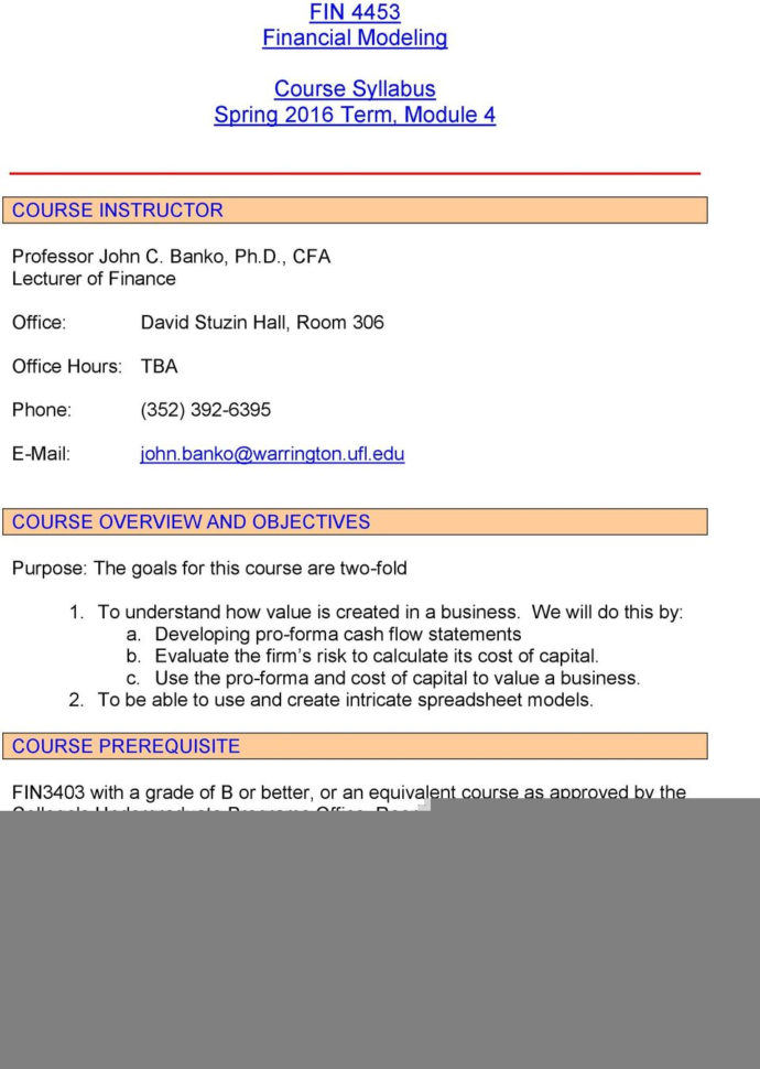 Spreadsheet Modeling Course For Fin 4453 Financial Modeling. Course Syllabus Spring 2016 Term