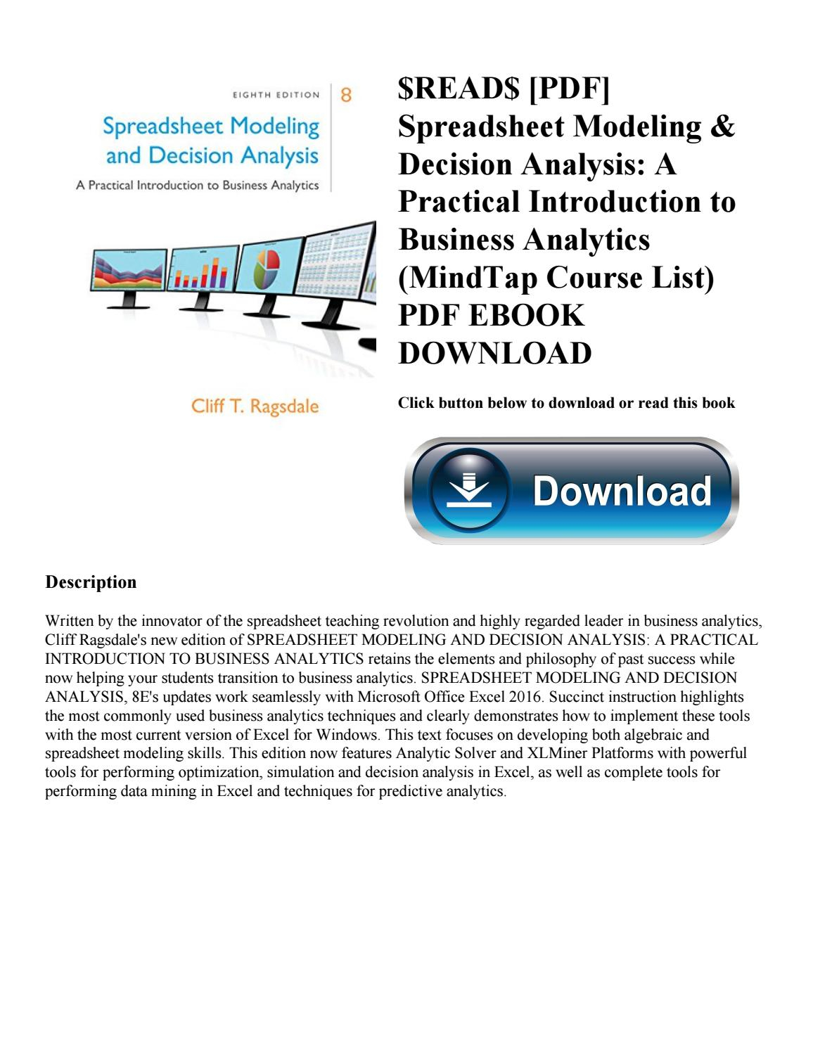 Spreadsheet Modeling Course For Read$ [Pdf] Spreadsheet Modeling  Decision Analysis A Practical
